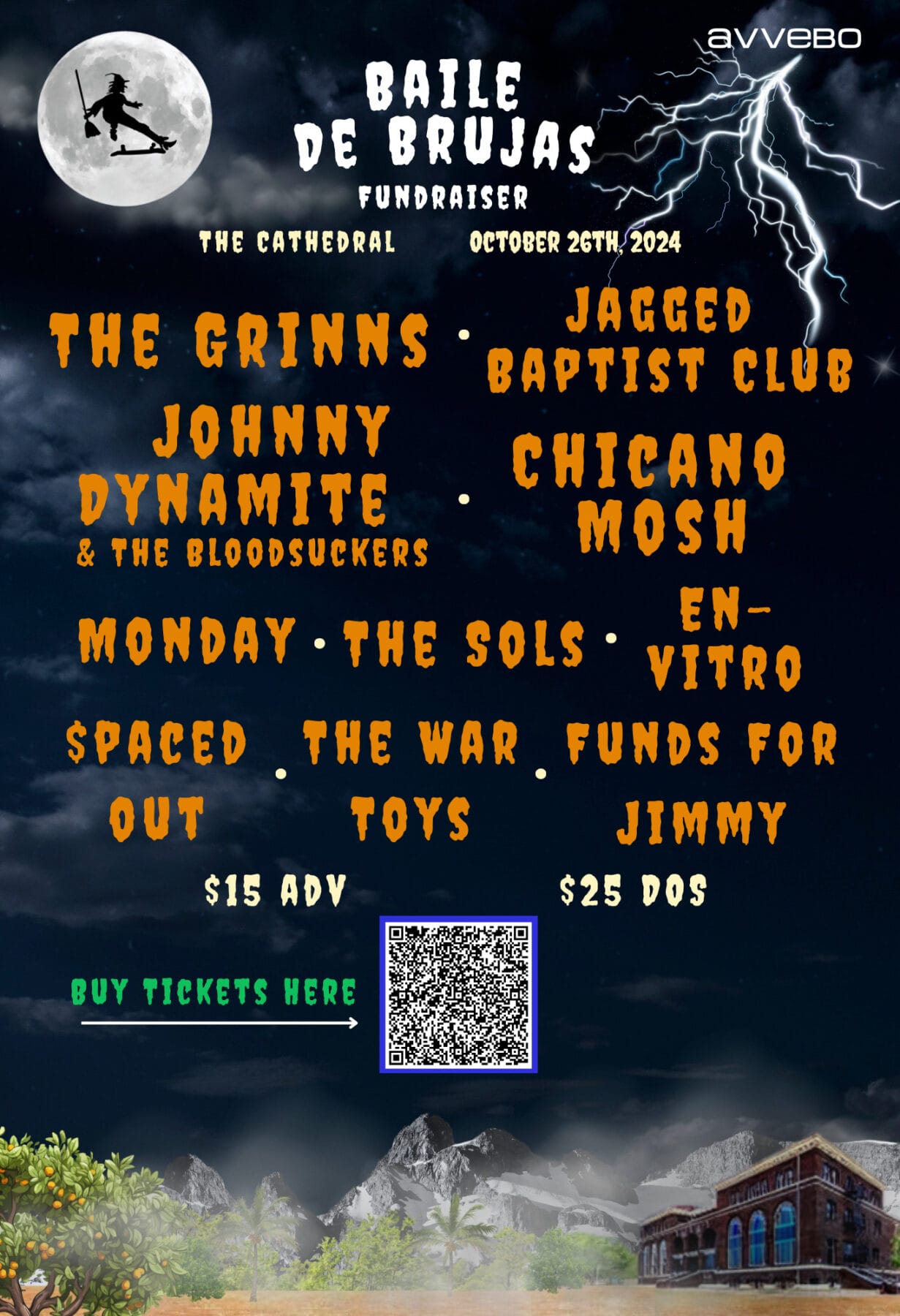 Promotional poster for "Baile de Brujas" fundraiser on October 26, 2024, at The Cathedral, featuring bands like The Grinns, Johnny Dynamite, and more. Ticket prices: $15 advance, $25 at the door.