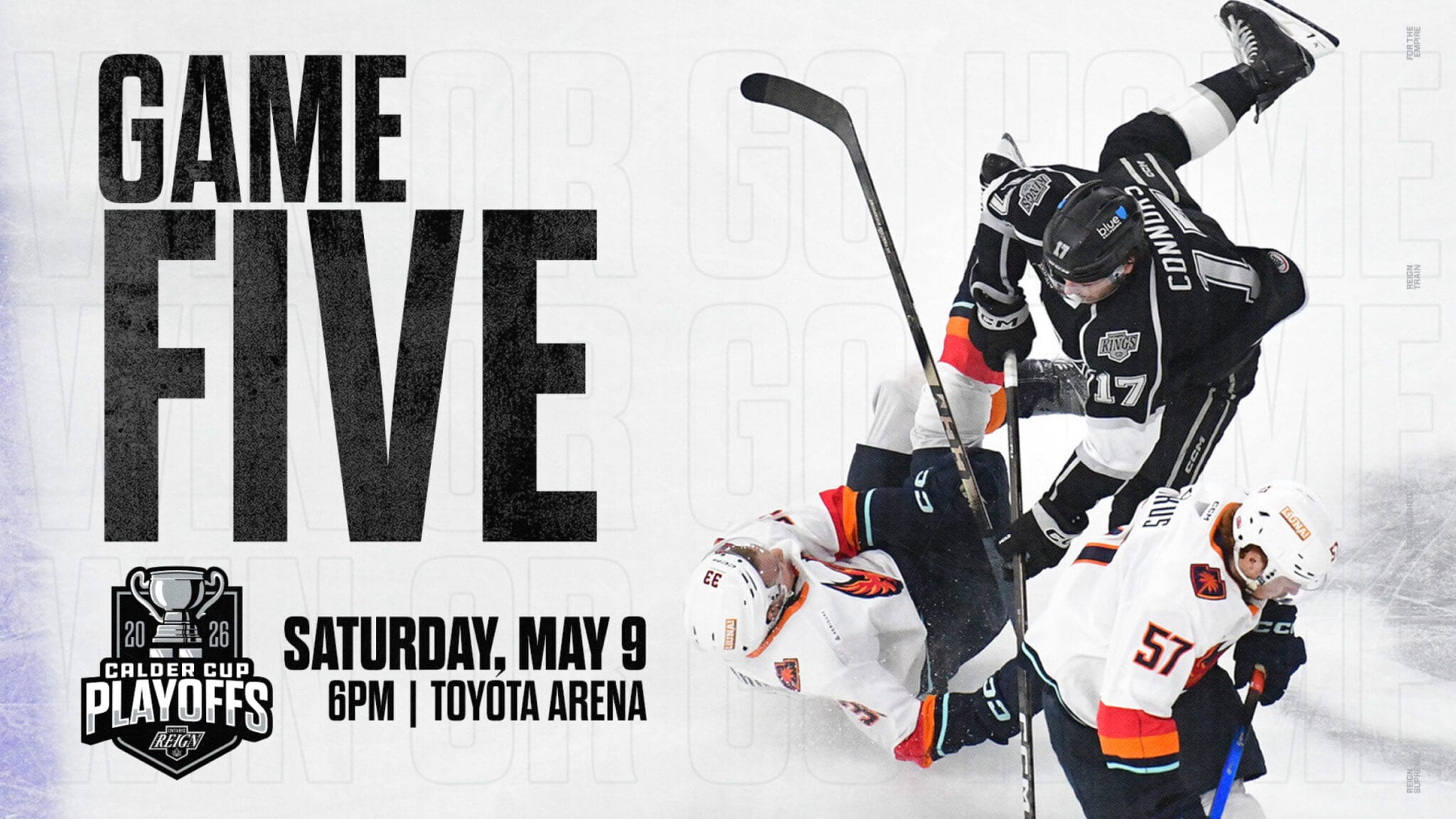 Hockey players collide on the ice with "Game Five" and "Calder Cup Playoffs" text; event scheduled for Saturday, May 9, 6 PM at Toyota Arena.