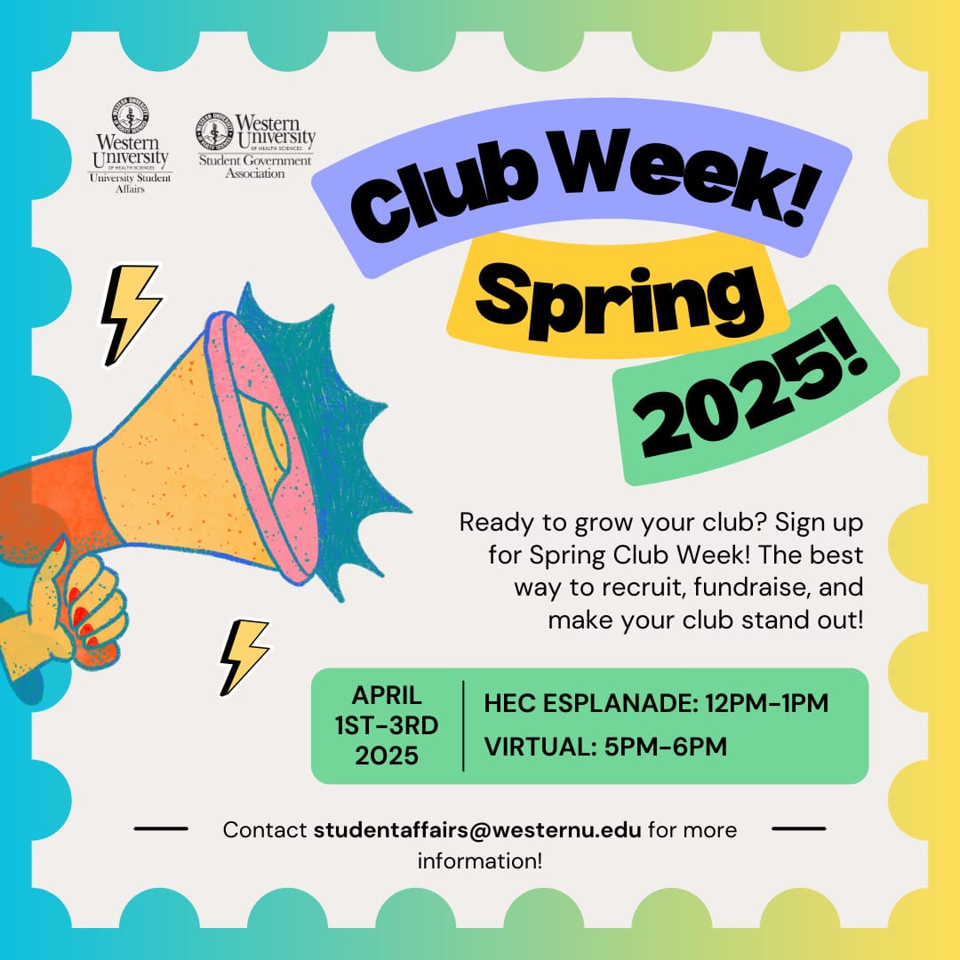 Colorful poster for Club Week Spring 2025 at Western University, with details on dates, times, and contact email for participation.