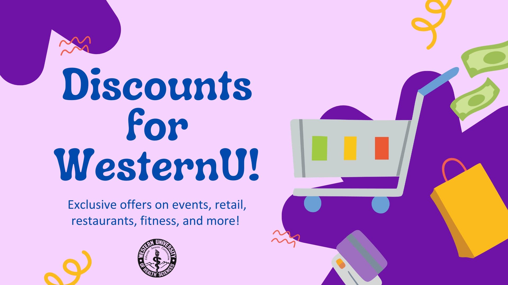 A graphic with text “Discounts for WesternU!” and shopping icons, promoting exclusive offers on events, retail, restaurants, fitness, and more.