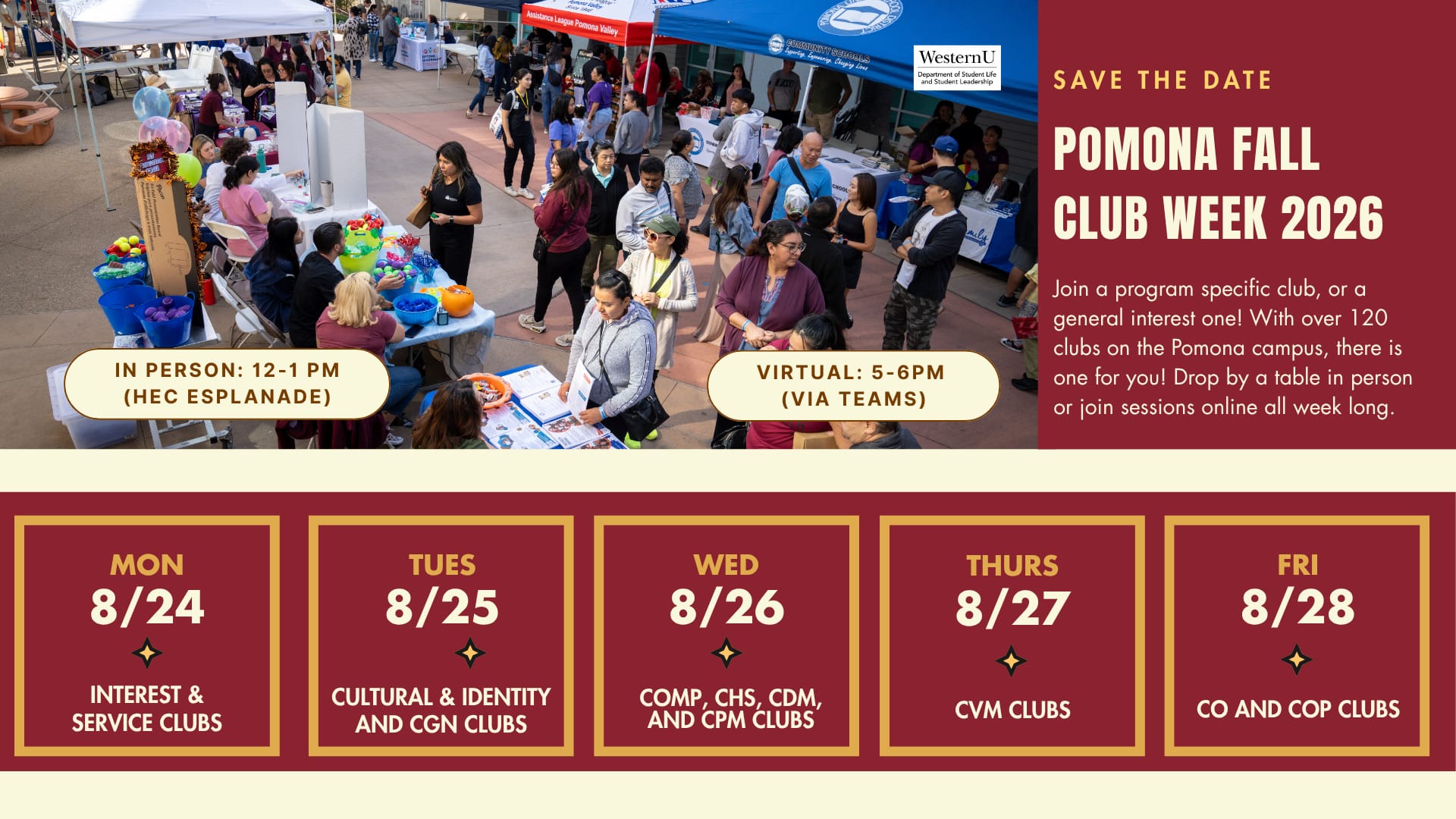 A busy outdoor college club fair with students visiting decorated booths. Event details and themed days for Pomona Fall Club Week 2026 are shown on banners.