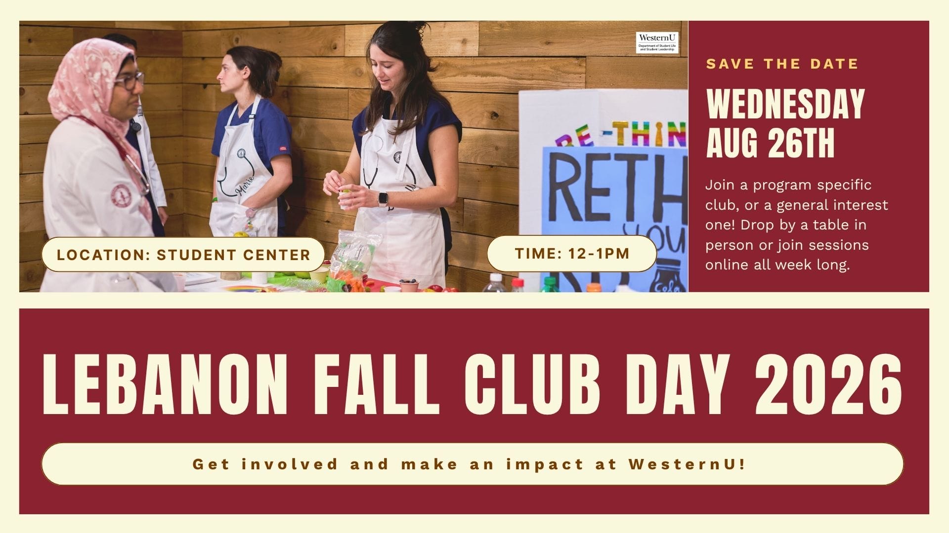 Four students stand behind a table with club materials at an event. Text details Lebanon Fall Club Day 2026, August 26, 12-1 PM, at the student center.