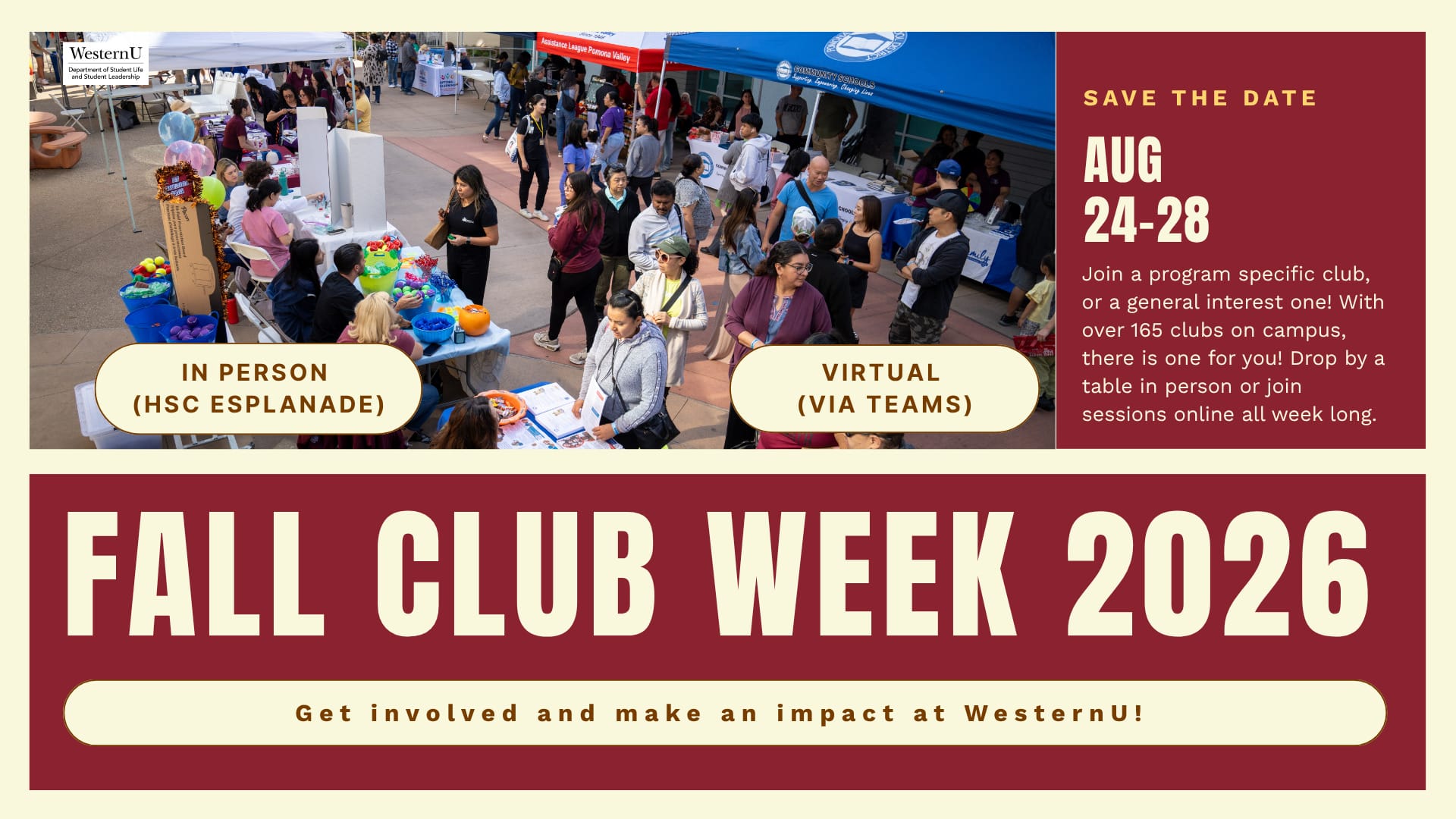Students gather at tables for Fall Club Week 2026, with information about in-person and virtual events, dates, and participation details displayed on banners.