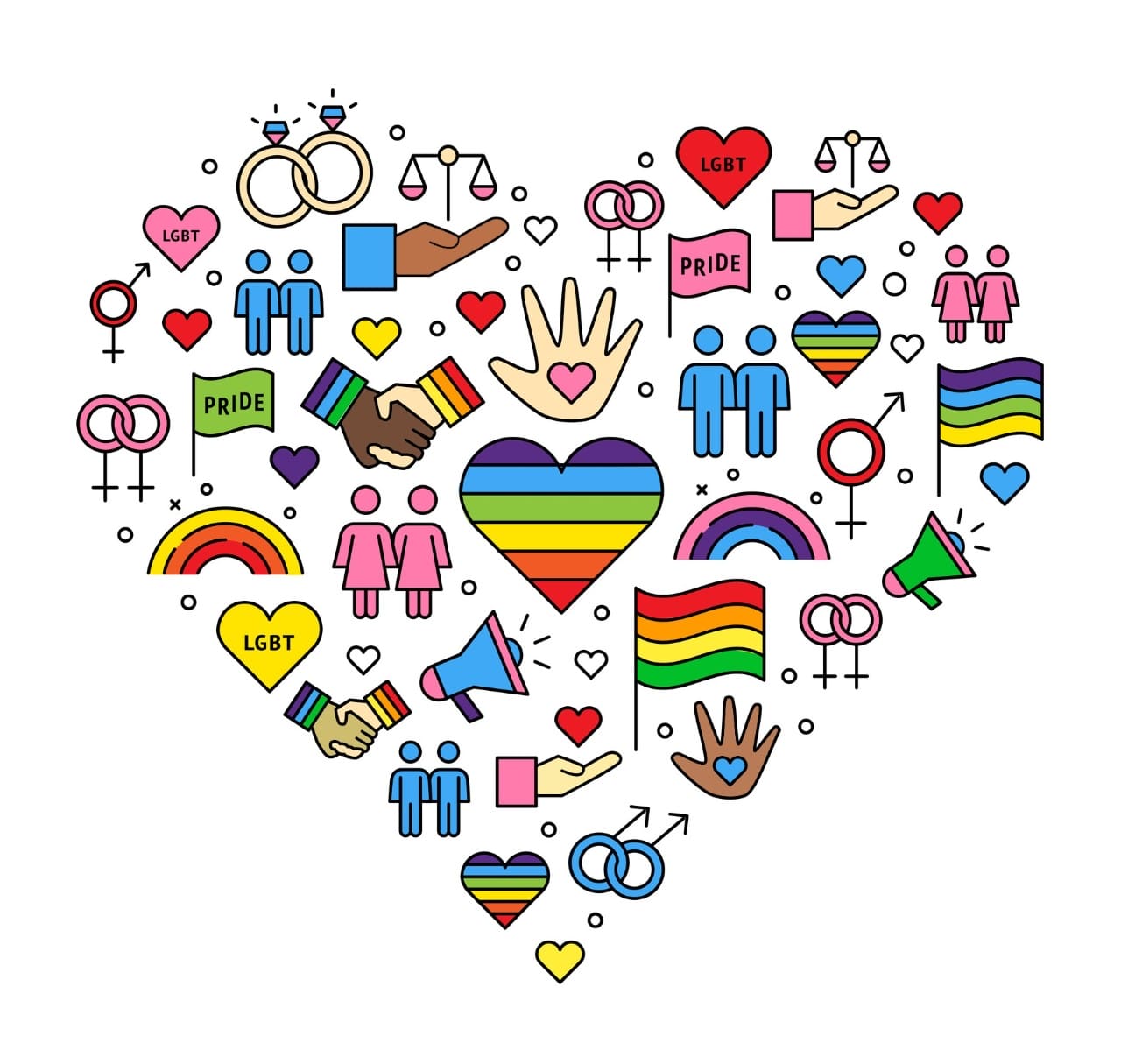 A heart shape formed from LGBTQ+ pride symbols, rainbow flags, hands, couples, and equality icons on a white background.