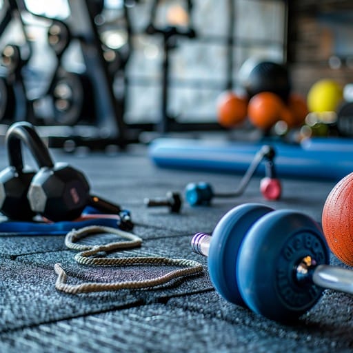 Close-up of gym equipment on a rubber floor, including dumbbells, a jump rope, kettlebells, and weight plates, with more exercise equipment blurred in the background.