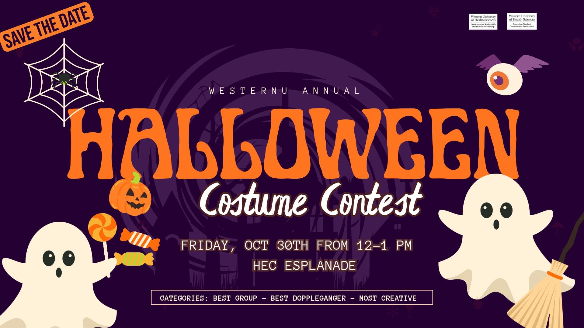 WesternU Annual Halloween Costume Contest, Friday, October 30th, 12-1 PM at the HEC Esplanade, with categories for Best Group, Best Doppleganger, and Most Creative.