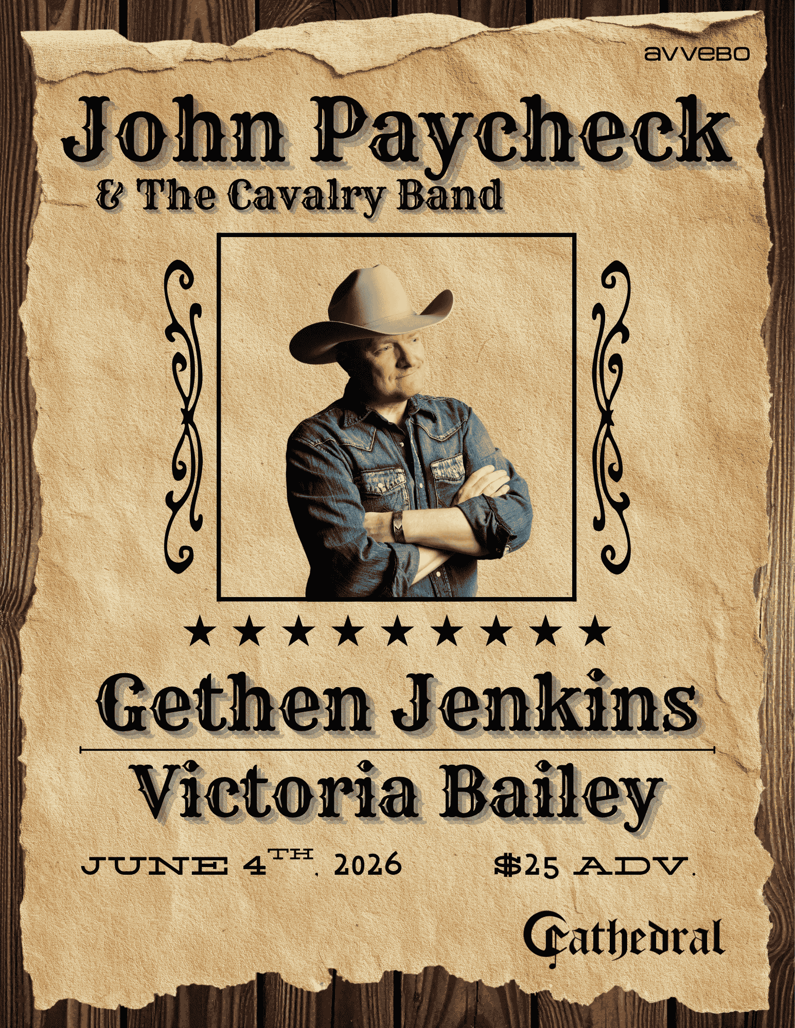 A Western-style poster advertises a concert with John Paycheck & The Cavalry Band, Gethen Jenkins, and Victoria Bailey on June 4th, 2026, at Cathedral for $25 advance.