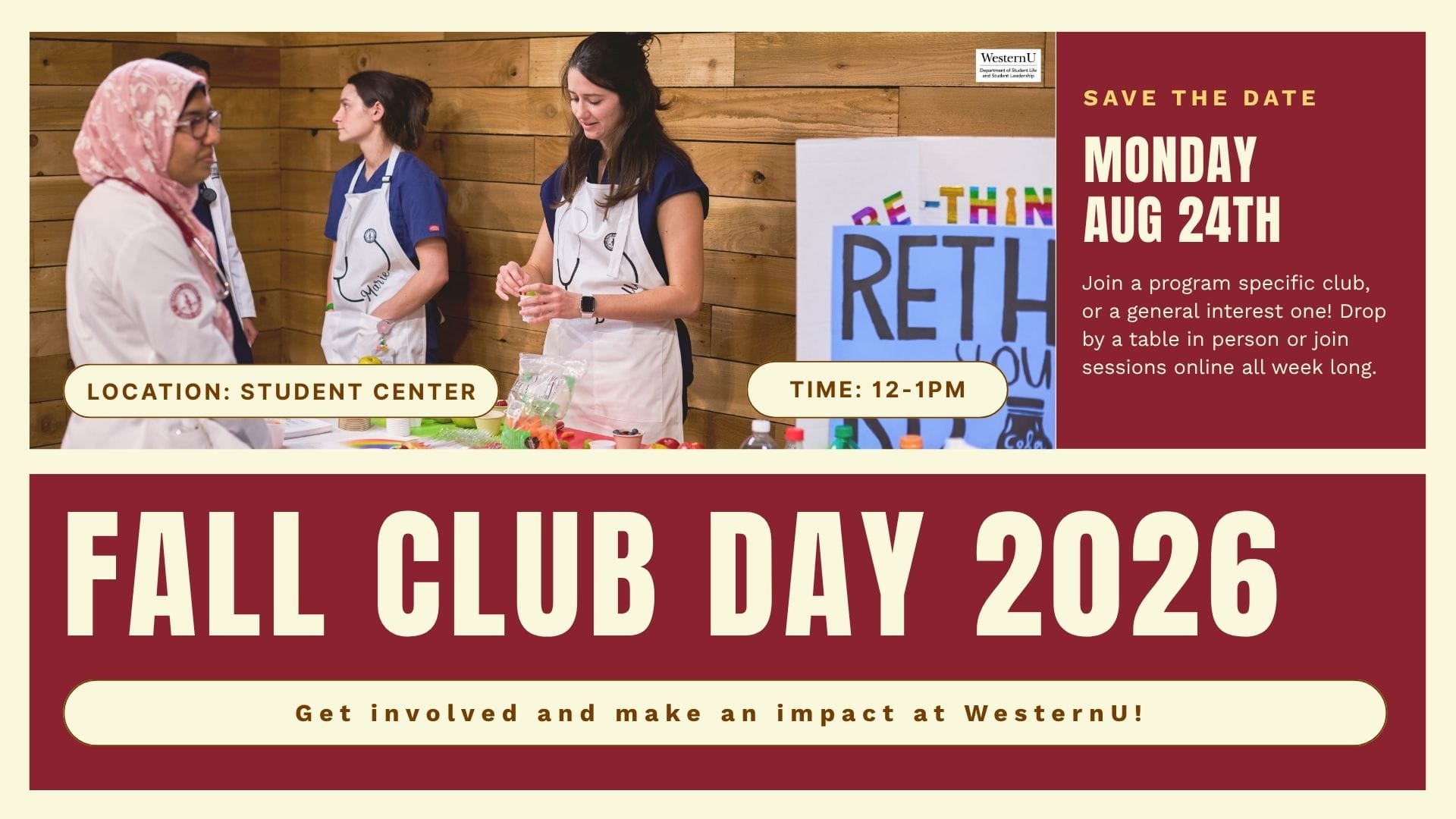 Three people stand at a decorated table with crafts. Text promotes Fall Club Day 2026 at WesternU, happening August 24th from 12-1pm at the Student Center.