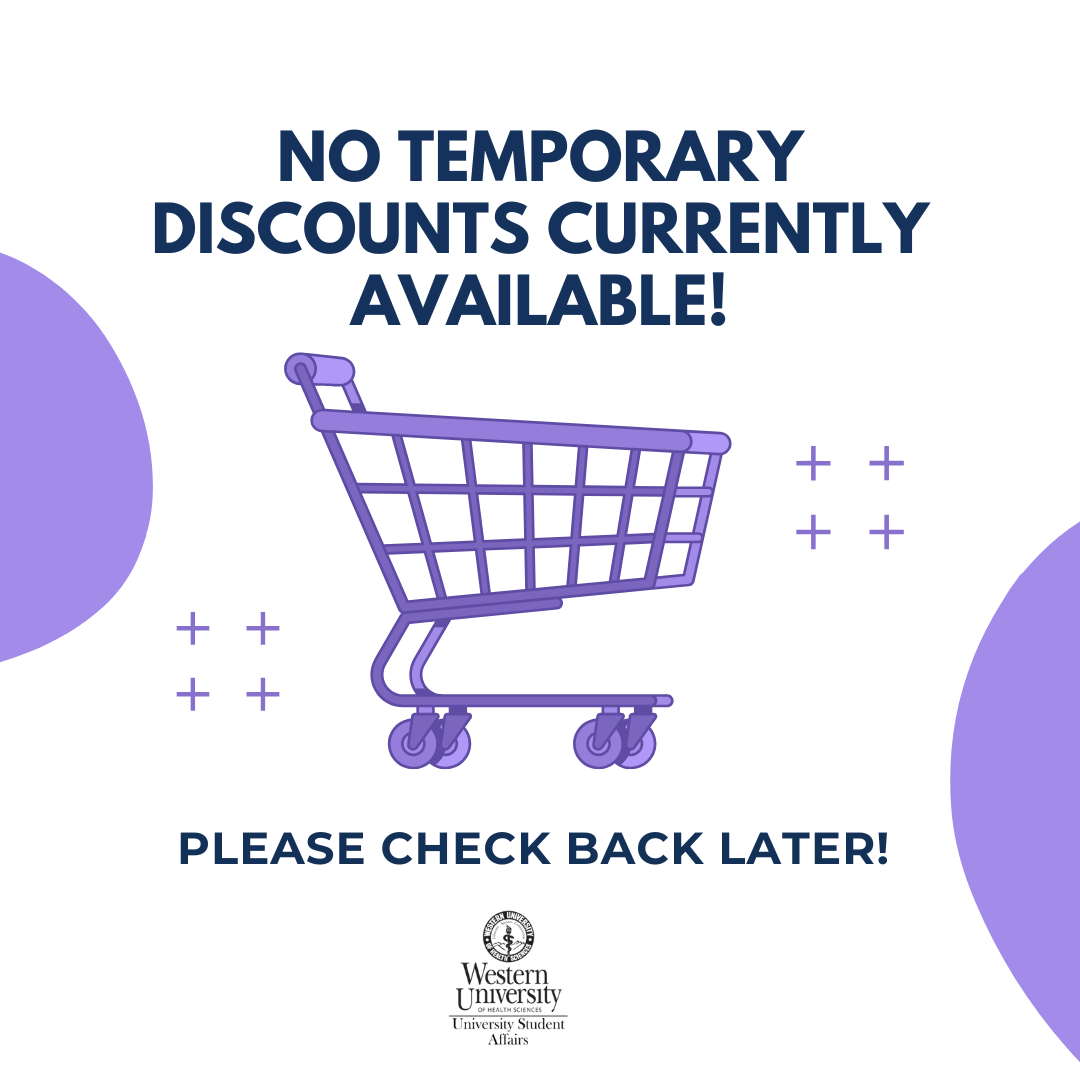 A purple shopping cart illustration with text stating, "No temporary discounts currently available! Please check back later!" and Western University logo at the bottom.