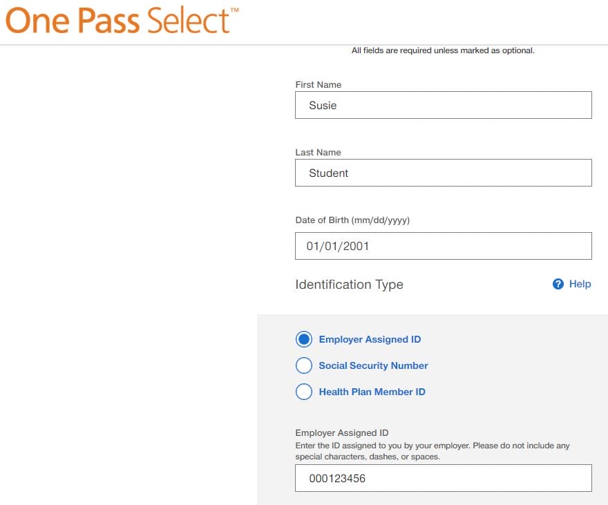 Screenshot of a form from One Pass Select. It shows fields for first name, last name, date of birth, and identification type, with an example of an Employer Assigned ID entered as "000123456.