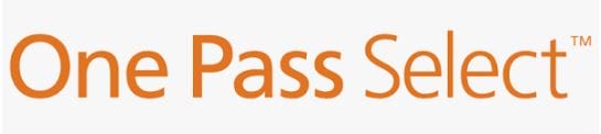 One Pass Select™" text logo in orange font on a white background.