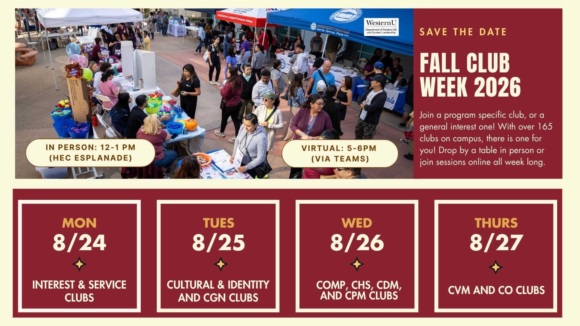 Informational flyer for Fall Club Week 2026, listing in-person and virtual event times, club categories, and daily schedules from August 24 to 27.