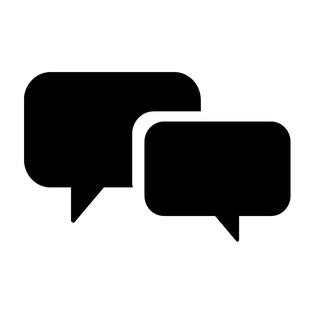 Two overlapping black speech bubbles on a white background.