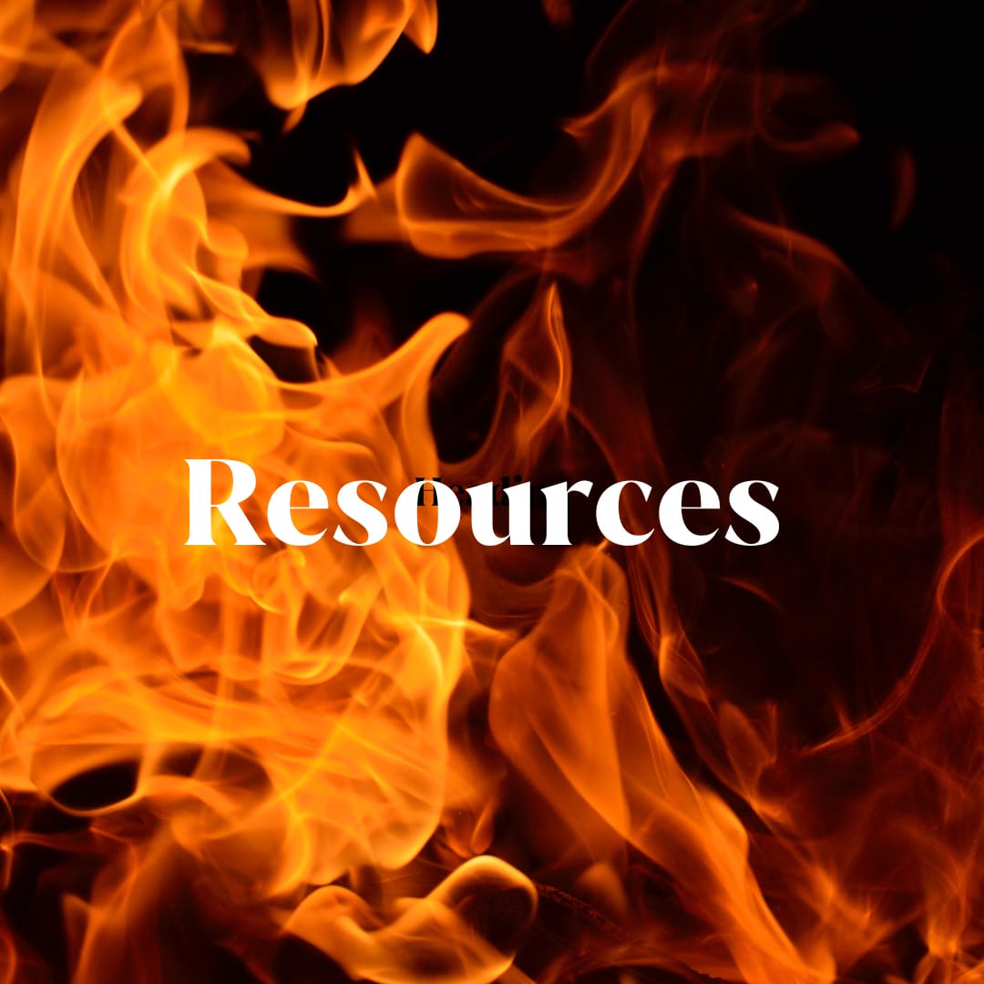 The word "Resources" is overlaid on an image of orange flames against a dark background.