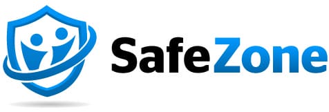 Blue and white SafeZone logo featuring a shield with two stylized human figures inside and the word "SafeZone" to the right.