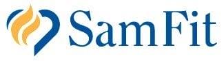 Logo of SamFit featuring blue serif text 