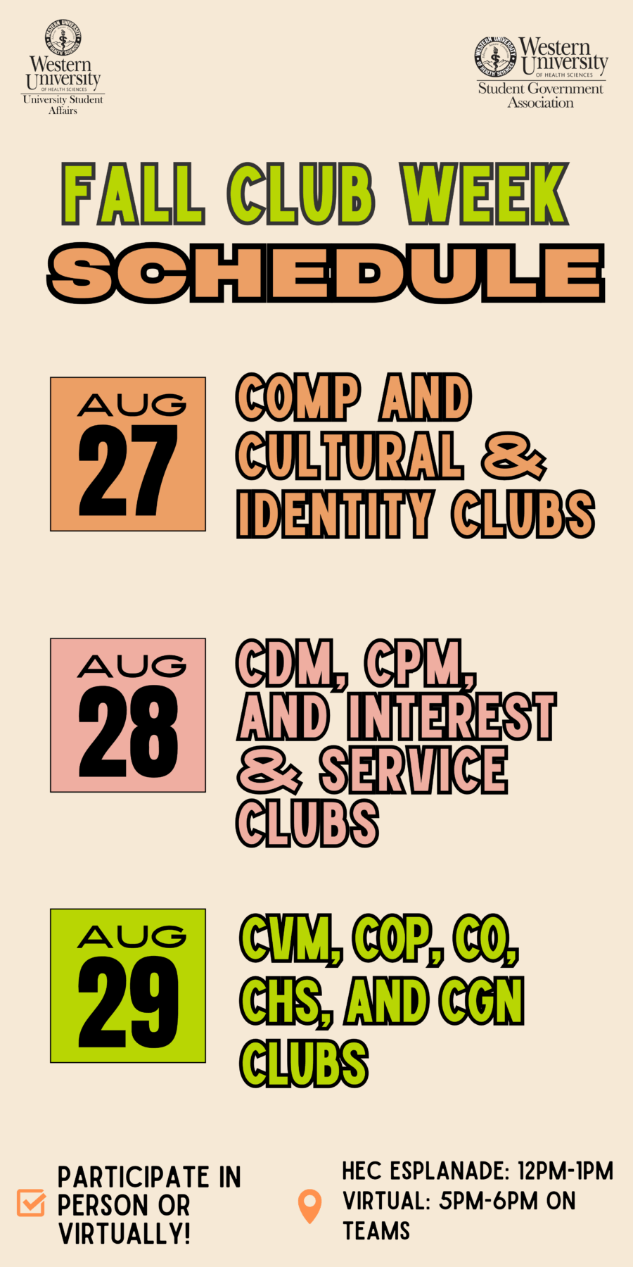 Fall Club Week schedule poster with club categories listed for August 27 to 29 and event details for both in-person and virtual participation.