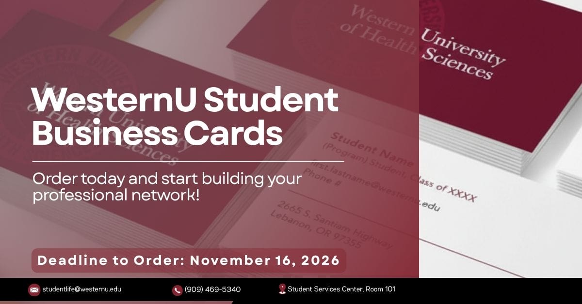 Stack of WesternU student business cards on a table, with order deadline and contact details displayed in a promotional banner.