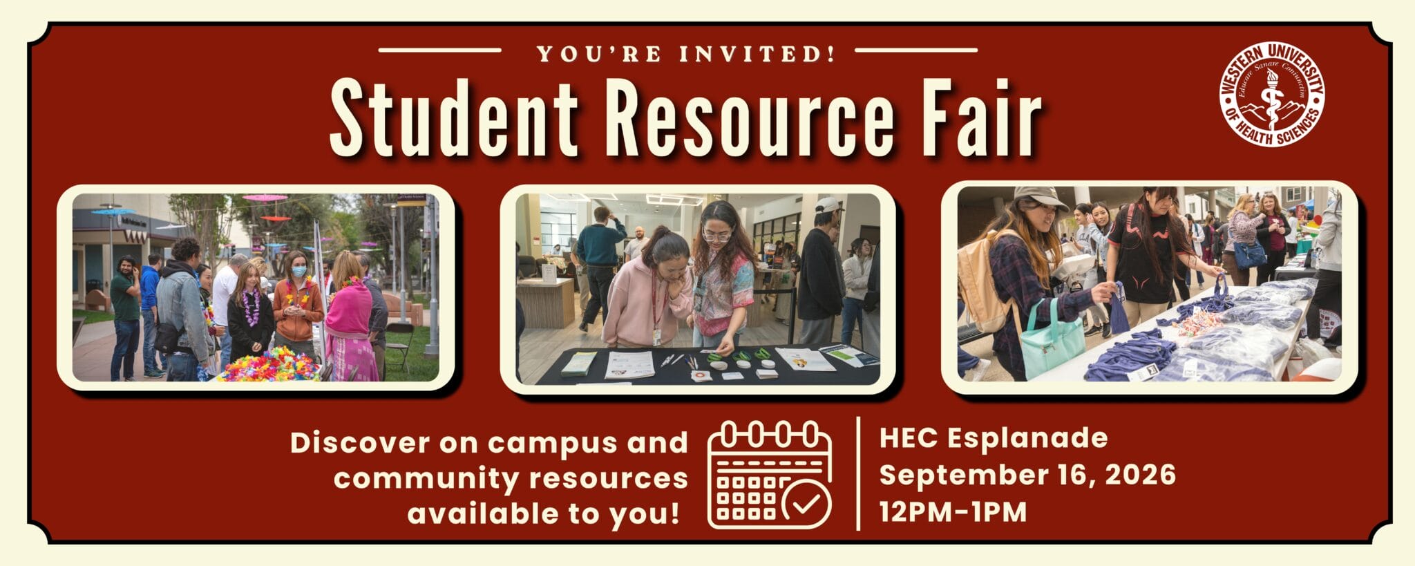 Banner for “Student Resource Fair” on September 16, 2026, at HEC Esplanade, showing students visiting booths and tables with campus and community resources.