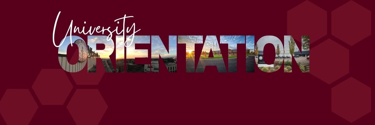 Text reading "University Orientation" with each letter filled with images of a campus, set against a maroon background with hexagonal patterns.