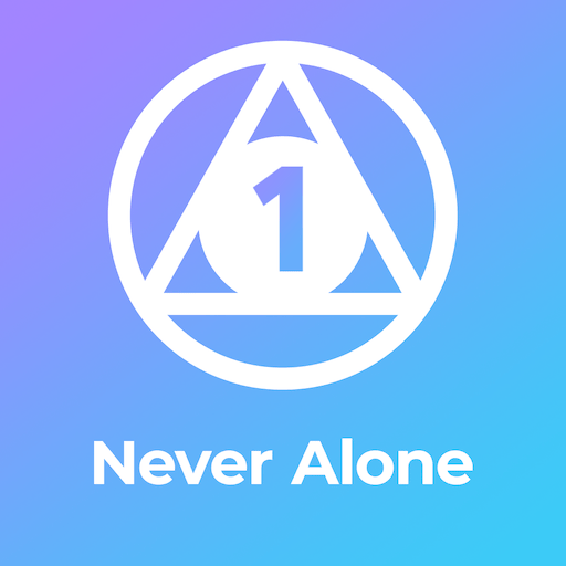 A white triangle and circle with the number 1 inside, above the words "Never Alone" on a blue and purple gradient background.