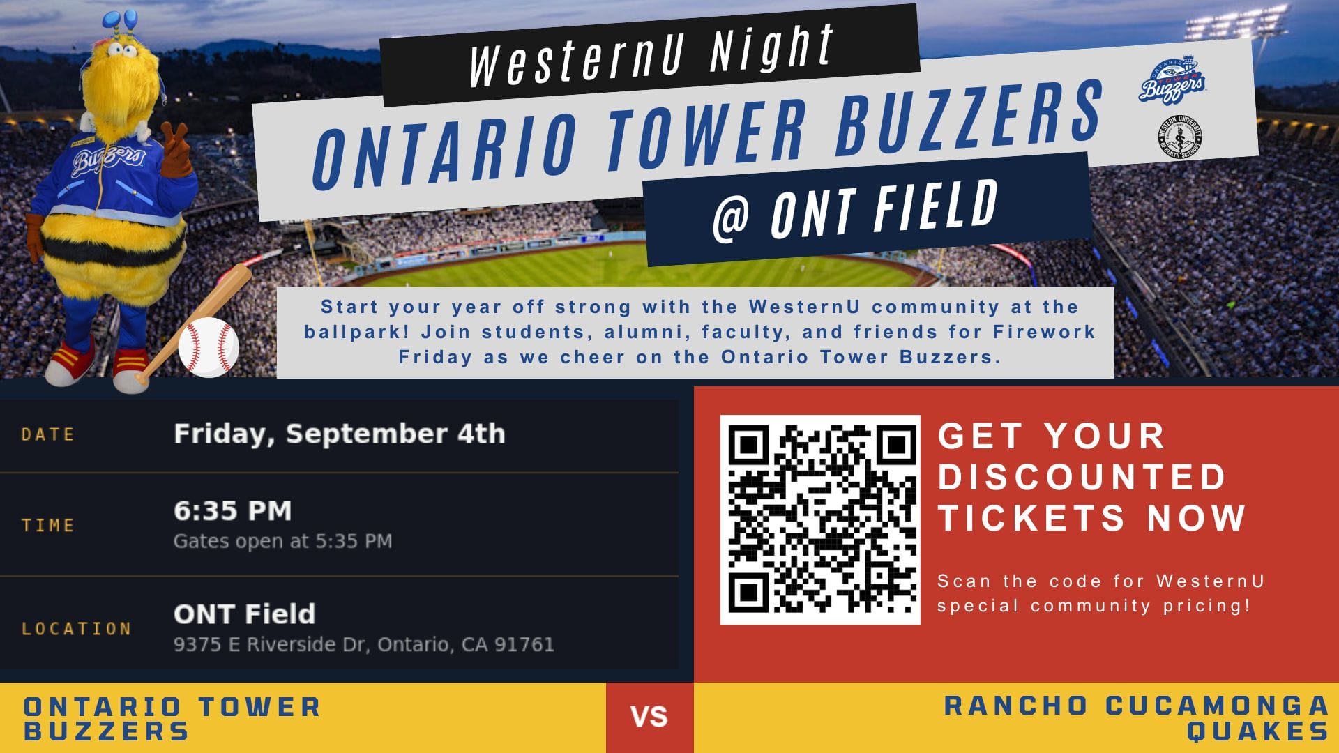 A promotional flyer for WesternU Night at Ontario Field, featuring Ontario Tower Buzzers vs Rancho Cucamonga Quakes, event details, and a QR code for discounted tickets.