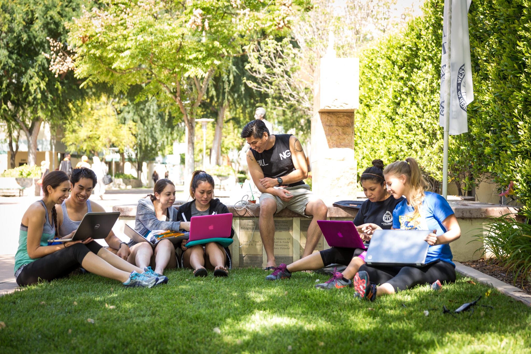 A group of students sit on the grass on the WesternU CVM campus in Pomona, California while using laptops and notebooks outdoors on a sunny day.