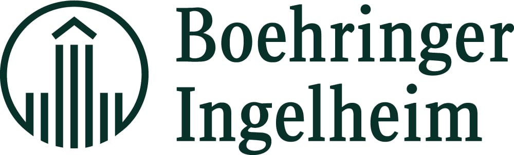 Boehringer Ingelheim logo with company name and a stylized roundel featuring vertical bars and an upward arrow.