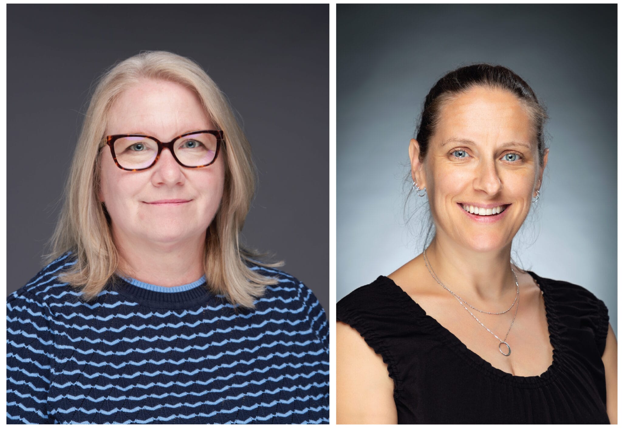 Side-by-side formal portrait images of CVM faculty members Dr. Andrea Fidgett and Dr. Rhea Hanselmann.