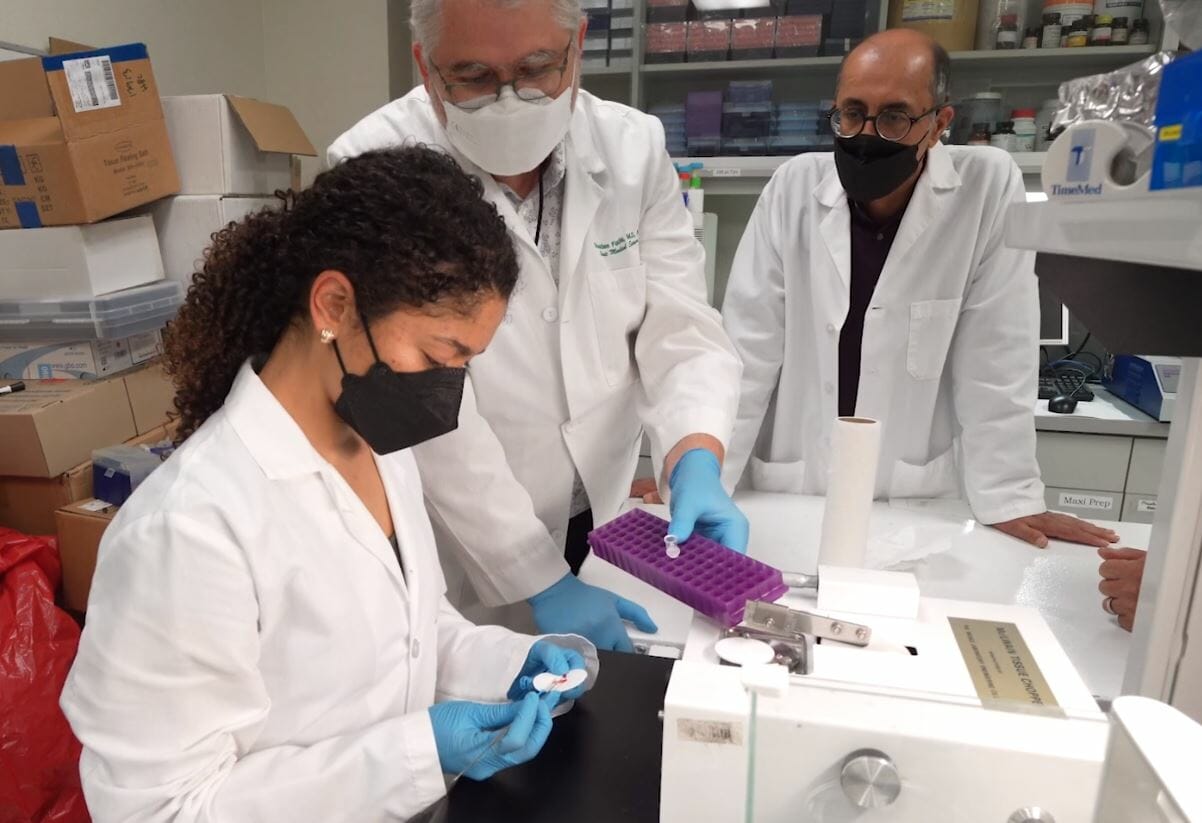 A group of people working in a lab with masks on.