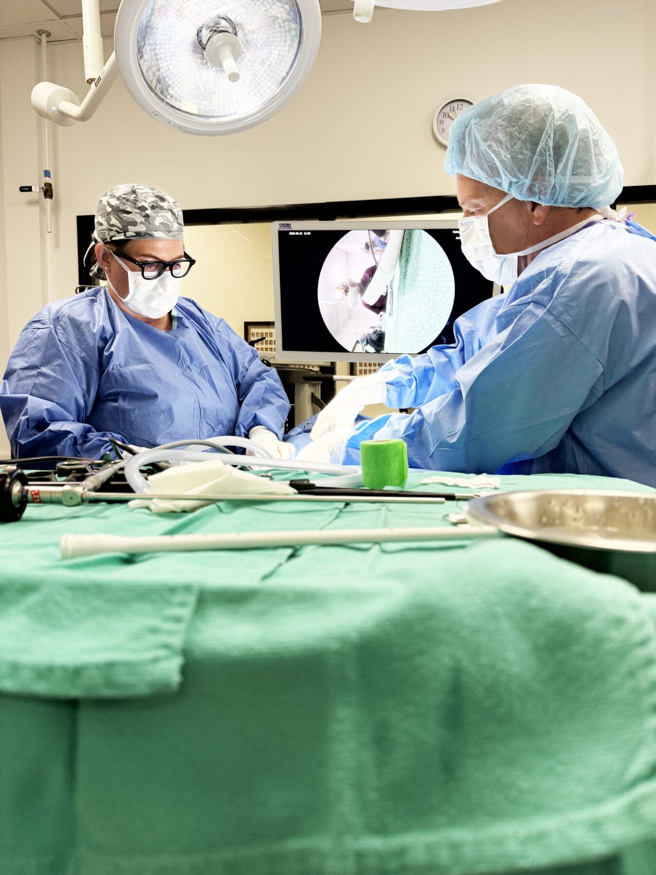 Two surgeons in scrubs and masks perform a procedure in a veterinary operating room on the WesternU California campus. They are surrounded by medical equipment, medical instruments and monitors.