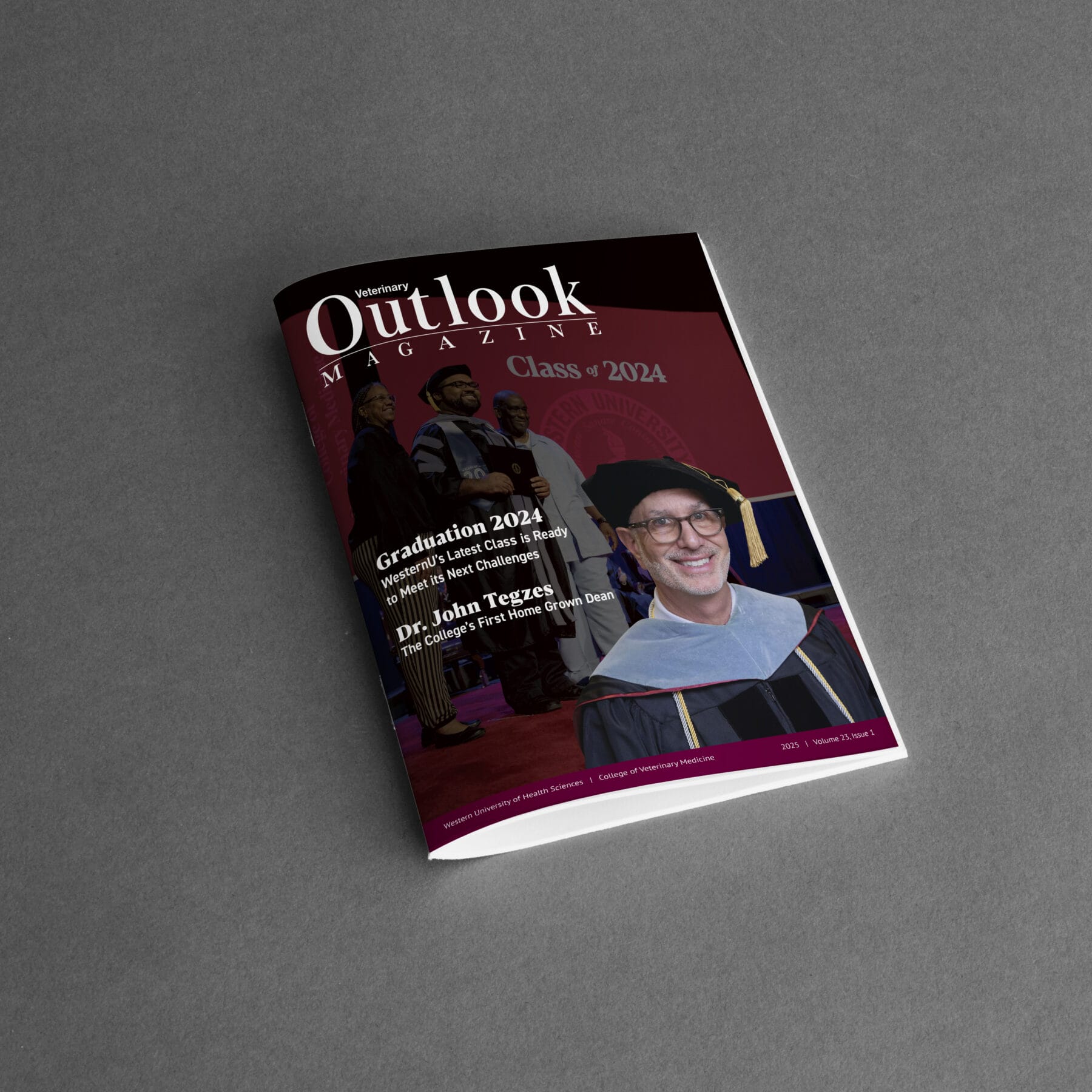 A magazine titled "Veterinary Outlook Magazine" with a cover featuring people in academic regalia. Feature stories are Graduation 2024 and Dr. John Tegzes named as the new Dean for the College of Veterinary Medicine.
