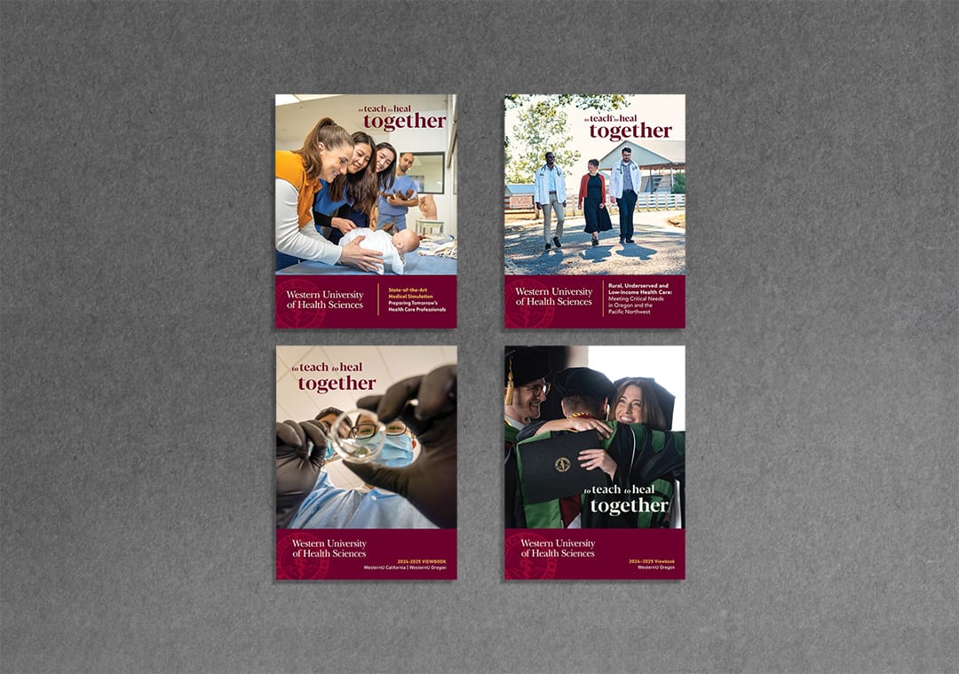 Four viewbook covers: WesternU Viewbook, WesternU CA & OR Simulation Labs Viewbook, WesternU Oregon Viewboo, WesternU Oregon Rural Health Viewbook.