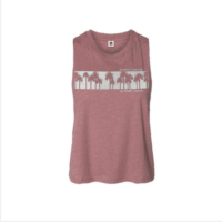 Rose colored tank top with palm trees screened on chest area.